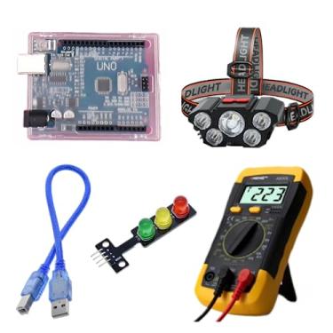 Imagem de Placa Uno R3 com microprocessador Atmel Atmega 328 montagem SMD compatível com IDE da Arduino, Case de plástico para proteção da placa, Cabo de Conexão, Mini-Semáforo com leds emissores