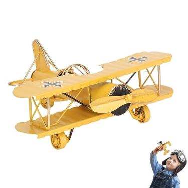 Imagem de Artesanato de aeronaves de ferro retrô, modelo de biplano grande de 8,3 polegadas modelo de avião vintage biplano de aeronaves de ferro forjado para decoração (Yellow)