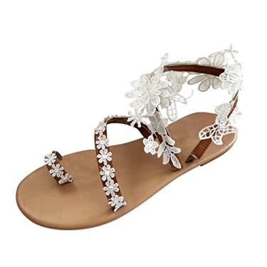 Imagem de Sandálias femininas de renda padrão floral sandálias planas femininas elegantes sandálias casuais bico redondo fechado sandálias, Marrom, 9