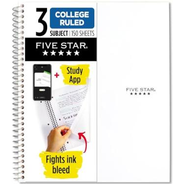Imagem de Five Star Caderno espiral + aplicativo de estudo, 3 matérias, papel pautado para faculdade, 28 cm x 21 cm, 150 folhas, branco, 1 unidade (72464)
