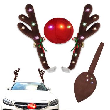 Imagem de DaLingLam Kit de chifres de rena para carro com luz LED de Natal, decorações automotivas, chifres iluminados e nariz com sinos, kit de personagens, acessório de carro (multicolorido)