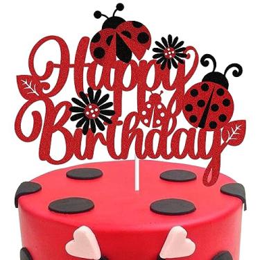 Imagem de Ladybug Happy Birthday Cake Topper Red Glitter Daisy Ladybug Cake Decoration Garden Bugs Insect Spring Summer Themed Birthday Party Supplies