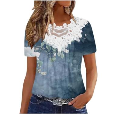 Imagem de Camisetas de verão plus size para mulheres, manga curta, renda, crochê, lisa, elegante, plissada, solta, casual, Azul claro, P