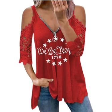 Imagem de Camiseta feminina com estampa do Dia da Independência do Dia da Independência de renda engraçada com zíper e gola V com bandeira americana, A-vermelho-3, G