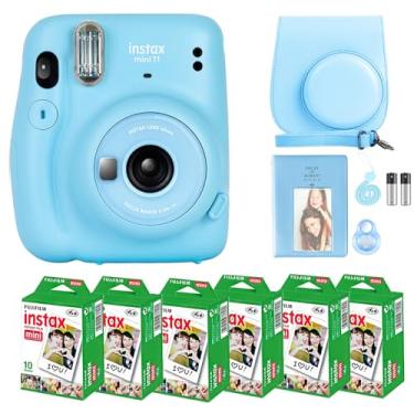 Imagem de Câmera Fujifilm Mini 11 com pacote de filmes instantâneos Fujifilm Mini (60 folhas) com acessórios inclusos: bolsa transporte, lente de selfie, álbum de fotos e adesivos (azul celeste)