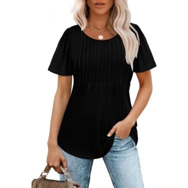 Imagem de Camisetas de verão femininas de manga curta casual frente plissada túnica folgada trabalho negócios blusa básica 2024 na moda, Preto, G