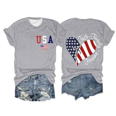 Imagem de Camiseta feminina com bandeira americana 2024 4 de julho patriótica, manga curta, gola redonda, túnica, blusa gráfica casual de verão, Cinza, XXG