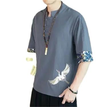 Imagem de Camiseta masculina estilo chinês verão fino bordado crane algodão linho manga curta camisa masculina, Cinza escuro, PP