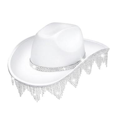 Imagem de Colaxi Borlas chapéu de cowboy cavalheiro jazz boné chapéu de sol moda leve cowgirl chapéu de proteção solar para acessórios de fantasia adereços, branco