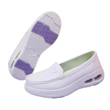 Imagem de Sapatas Confortáveis Da Enfermeira Das Mulheres, Sapatos De Enfermeira Respiráveis De Couro Com Almofada De Ar Branca Feminina, Sapatilhas Casuais Antiderrapantes Para Corrida(White purple,35 EU)