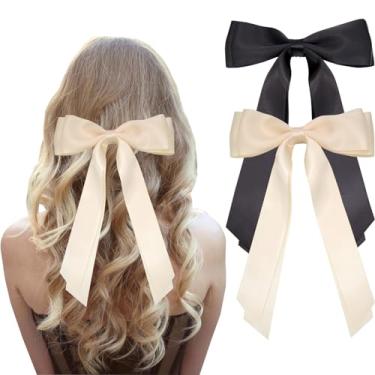 Imagem de 2 laços de fita de cabelo, grandes laços de cabelo de cetim sedoso com cauda longa, clipes de metal deslizantes, grampos de cabelo para mulheres, meninas e crianças (preto, bege)