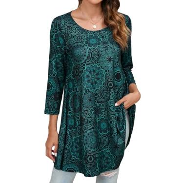 Imagem de ENMAIN Blusa feminina de manga 3/4, elegante, casual, plus size, túnica para usar com leggings rodada, camiseta rodada, blusas soltas, Floral preto azul-petróleo, G