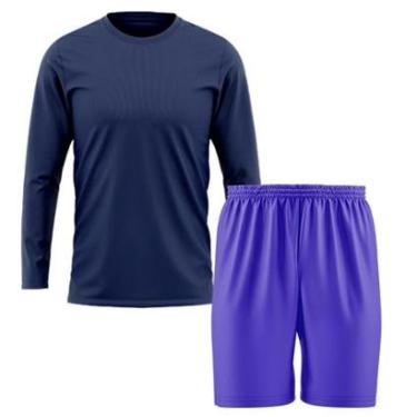 Imagem de Kit Calção Short Futebol Basquete Azul + Manga Longa Masculina Segunda Pele Dry-Masculino