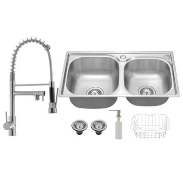 Imagem de Kit Cuba Dupla Gourmet em Aço Inox + Torneira Gourmet Misturador Monocomando Vip Metal Cromado