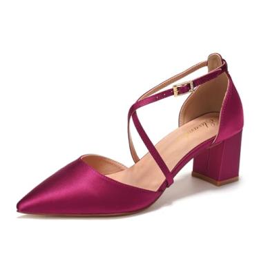 Imagem de Elivandon J1586 Sandália Feminina de Cetim Bico Fino Salto Médio 6cm Bloco Tira Longa Noiva Festa Casamento Cor Vermelho Violeta,Tamanho BR 38/EU 40