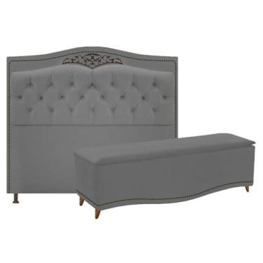 Imagem de Conjunto Cabeceira Estofado Yasmim + Recamier Baú Yasmim 140 Cm Para Cama Box Casal Quarto Suede Cinza - Amarena
