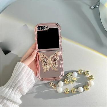 Imagem de Capa galvanizada com suporte de telefone borboleta para Samsung Galaxy Z Flip 6 5 4 3 Capa traseira protetora para ZFlip4 ZFlip5 ZFlip6 Capa, cadeia de capa 1, para Z Flip 6