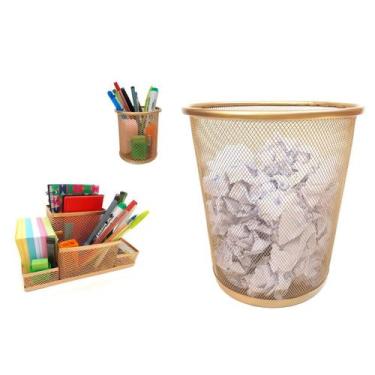 Imagem de Kit Organizador, Porta Caneta e Lixeira Dourado Escritório - Markys St