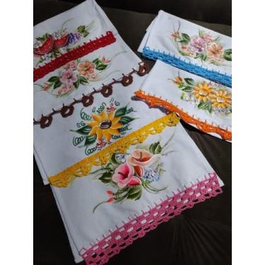 Imagem de 3 Panos De Prato Pintado A Mão com Bico em Crochê Coloridos - Danivi E
