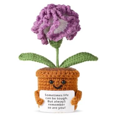 Imagem de TOYMIS Cravo positivo, flor de cravo de crochê, flor positiva, crochê, planta positiva, flor em vaso de crochê, cravo de malha para decoração de casa, presente inspirador (roxo)