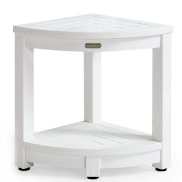 Imagem de Banqueta de chuveiro de canto para chuveiro interno à prova d'água, assento de canto de chuveiro de madeira de poliéster, assento de cadeira de chuveiro de plástico, descanso de pé de barbear para chuveiro com pés ajustáveis, antimofo e antiderrapante, branco