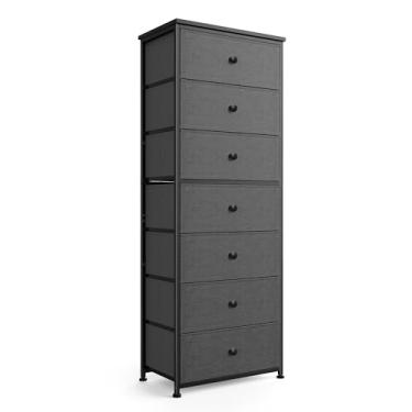 Imagem de Cômoda alta de tecido para quarto, torre organizadora de armazenamento vertical com 7 gavetas, cômoda com caixas, moldura de aço, tampo de madeira para quarto, armário, entrada cinza