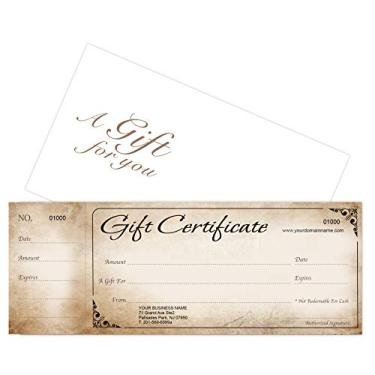 Imagem de Cartões de oferta personalizados com envelopes conjunto de 100 - Imagem rústica - Cupons de presente, vouchers para férias, Natal, spa, maquiagem, salão de beleza de cabelo, restaurante, pequenas