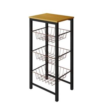 Imagem de Fruteira de Chão Cozinha Montada Aço Preto Tampo Canela Cesto Cobre Ro