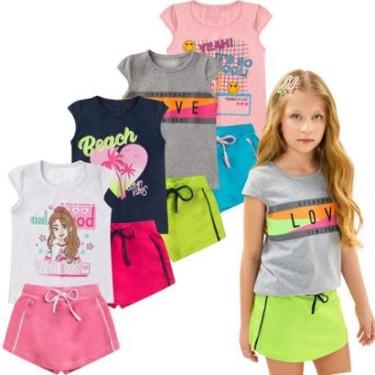 Imagem de Kit 4 Conjuntos Verão Infantil Juvenil Feminino Blusa e Shorts Saia Moletinho Roupa Menina 10 - 16-Feminino