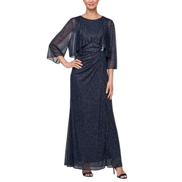 Imagem de S.L. Fashions Vestido feminino plus size longo sem mangas com jaqueta cascata Bolero, vestido para mãe da noiva, Azul marino, 50