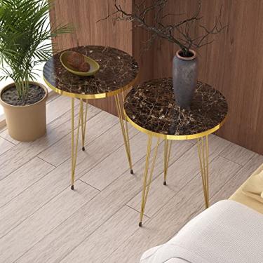 Imagem de Conjunto de 2 mesas de canto – PAK Home Round Wood Sofa Laterais para espaços pequenos, Mesa de cabeceira com pernas de metal para quarto, sala de estar, escritório, varanda (mármore marrom de alto brilho)