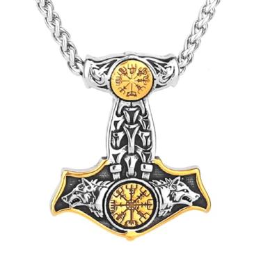 Imagem de LOBON Colar de martelo viking Thor Nordic Vegvisir Valknut pingente de aço inoxidável amuleto norueguês joia presente para homens e mulheres, Aço inoxidável, Sem Pedra Preciosa