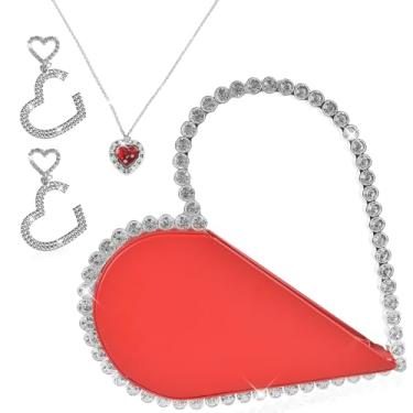 Imagem de Bolsa clutch em forma de coração vermelho - 3 peças bolsa noturna com strass para mulheres com corações prateados com joias para casamento formal, Vermelho