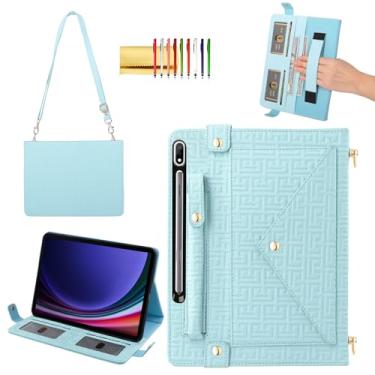 Imagem de Capa de mão para Samsung Galaxy Tab S7/S8/S9 27.9 cm/S9 FE 2023 27.7 cm, Techcircle elegante capa tipo carteira com suporte para lápis, compartimentos para cartões, alça de mão, alça de ombro, azul
