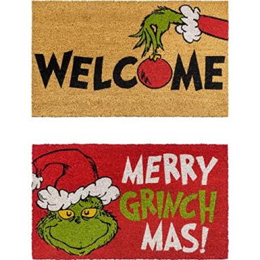 Imagem de Gertmenian Disney Mickey Mouse Tapete Retrô Porta Frontal Tapete de Coir Casa Interior Exterior Tapete de Entrada, Pacote com 2 20x34, The Grinch Welcome/Merry Grinchmas
