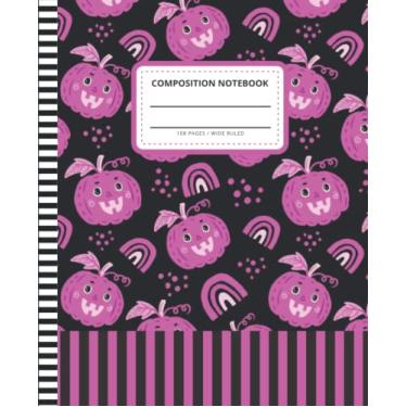 Imagem de Halloween Pumpkin Composition Notebook Wide Ruled: 7.5 x 9.25 Blank Paper / 108 Pages/Stationery Gift for Note Taking - Writing - Doodles/Boho Hot Pink Jack-O-Lantern Rainbow Art Pattern On Black