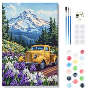 Imagem de RICUVED Kit de pintura por números para adultos iniciantes com moldura de madeira, pintura acrílica fácil de caminhão por número de flores, kit de pintura a óleo de montanha DIY com arte em tela