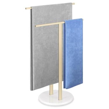 Imagem de Toalheiro de pé com base de mármore branco, suporte de toalha de 2 camadas para piso de banheiro, design estável atualizado, suporte de toalha em forma de T dourado, aço inoxidável SUS304 (ouro, base