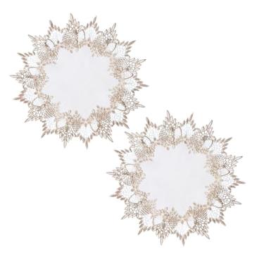 Imagem de Phantomon Conjunto de topper de mesa Jacquard Lace Doily em tom bege neutro branco 38 cm redondo com borda bordada, pacote com 2 (branco)