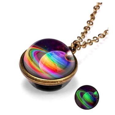 Imagem de Yocoyee Colar com pingente de planeta de galáxia que brilha no escuro, dupla face, vidro, bola de cristal, lua, terra, astronomia, universo, luminios, colar com pedras preciosas para mulheres, homens