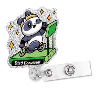 Imagem de Sixrip Carretel retrátil de glitter com clipe jacaré, suporte engraçado de crachá de panda para entusiastas de corrida, enfermeira médica terapeuta, presentes para amantes de pandas