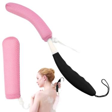 Imagem de KkaFFe Escova de Banho para As Costas de 15,35" com Esponja, Malha de Banho para As Costas com Cabo Longo Curvo, Escova de Banho para Idosos, Auxílio No Banho E No Chuveiro