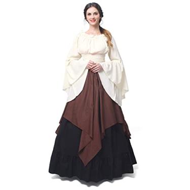 Imagem de NSPSTT Vestido feminino medieval renascentista, vestido vitoriano, vestido escocês, conjunto de 2 peças, Branco e marrom escuro, G