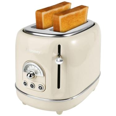 Imagem de Torradeira Elétrica Retrô 2 Fatias em Aço Inoxidável com 6 Configurações de Tostagem e Bandeja de Migalhas Removível, 850W, Pateyney, Creme