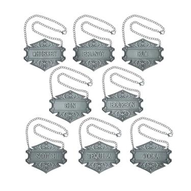 Imagem de 8 etiquetas de decantador de bebidas - Gin, vodca, bourbon, uísque, conhaque, rum, uísque, uísque, tequila/etiquetas de garrafa de corrente ajustável/prata