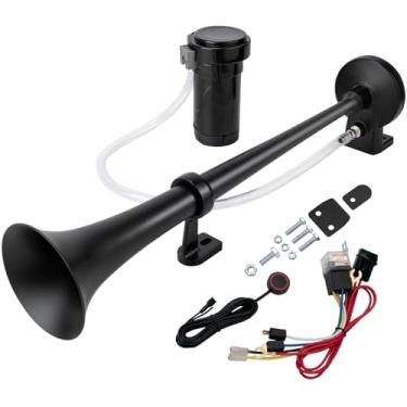 Imagem de AOLIHAN Buzinas de ar de 150 dB para caminhão, buzina de trem alto para carro, kit de buzinas de trompete simples para caminhões com botão, Motohorn preto de 12 V com compressor
