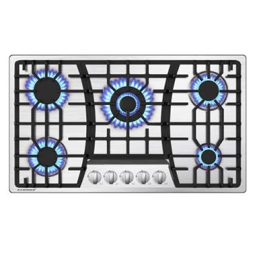 Imagem de Fogão a gás de 91,4 cm, fogão a gás bulit--in com 5 queimadores, cooktops conversíveis NG/GLP, fogão a propano de 5 queimadores com proteção de termopar, aço inoxidável
