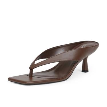 Imagem de VIUGJNEX Chinelo feminino com salto gatinho, bico aberto, salto baixo, fio dental quadrado, moderno, verão, vestido de festa, sandálias de salto para mulheres, Marrom, 40