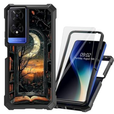 Imagem de DHYYDSQZ Capa de telefone TCL 50XE 5G para TCL 50 XE Nxtpaper com protetor de tela de vidro temperado resistente de camada dupla híbrida TPU bumper estante de livros lua à prova de choque para TCL