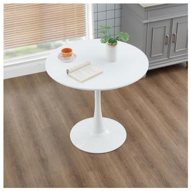 Imagem de HYYTEIBL Mesa de jantar de tulipa de 79 cm, branca, perfeita para 4 a 6 pessoas, estilo moderno de meados do século, redonda, base de pedestal, topo de MDF, pedestal resistente para sala de jantar